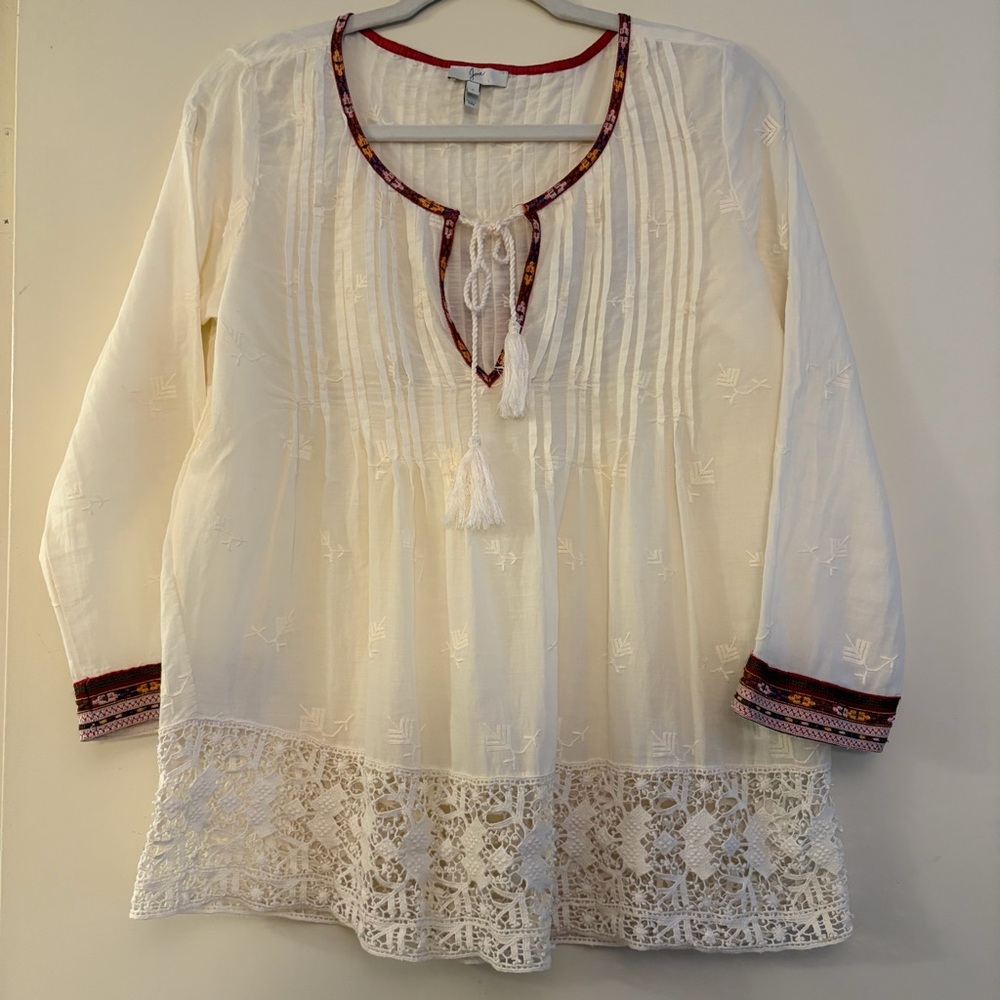 Joie Cream Embroidered Lace-Trim Peasant Blouse